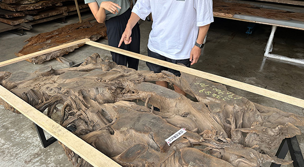 神代杉レジンテーブルを倉庫でオーダーしながら楽しむお客様夫婦